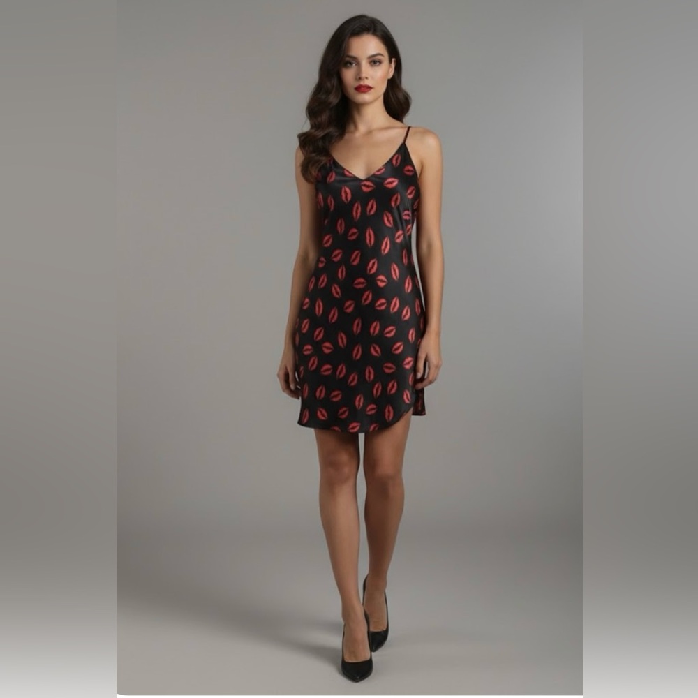 Vintage Magic Silk Black and Red Lip Print Silk Slip Dress Sz L